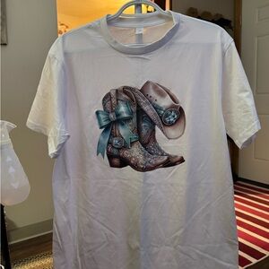 White Graphic Tee with Cowboy Boot Design